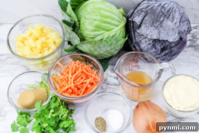 A collection of fresh coleslaw ingredients laid out on a wooden surface, including red cabbage, green cabbage, shredded carrots, cilantro, and a can of pineapple tidbits.