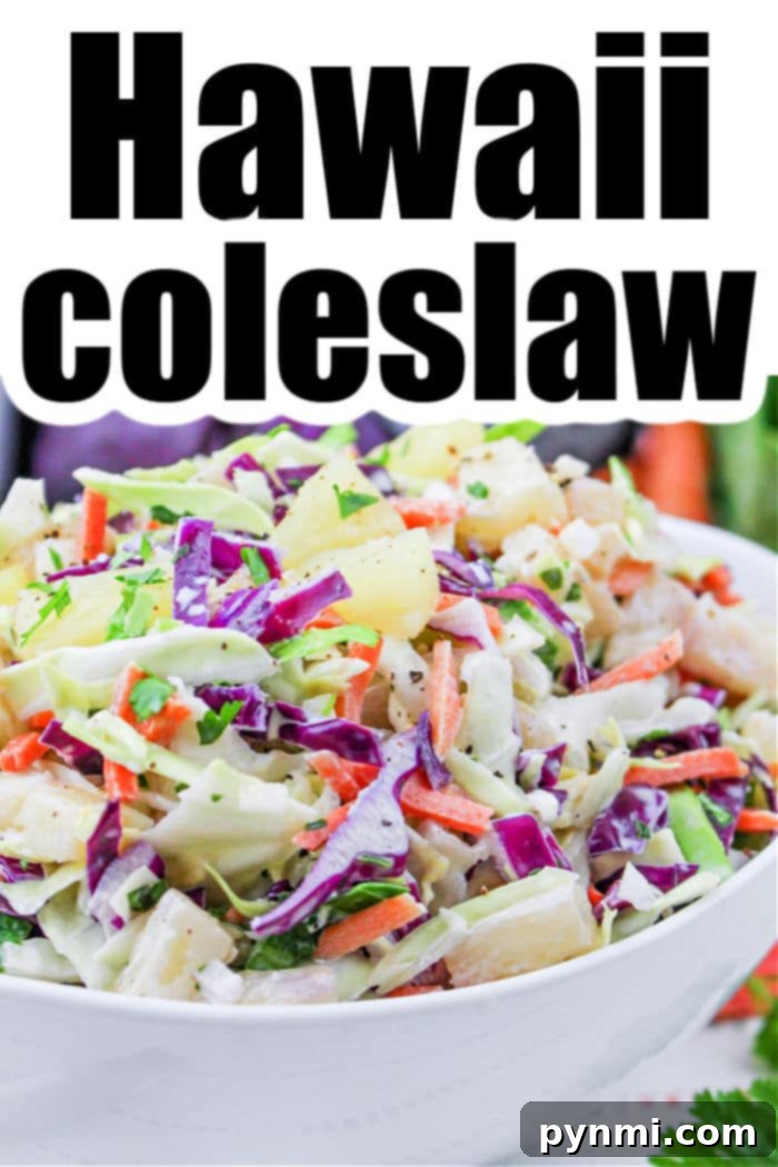 A beautifully presented bowl of Hawaiian coleslaw with vibrant colors, ready to be served at a gathering.