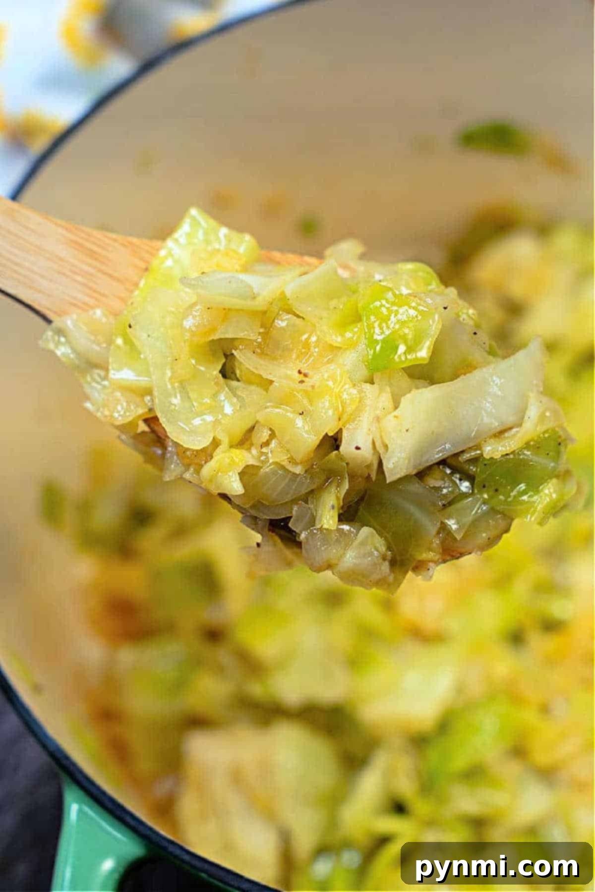 Hearty Braised Cabbage 2 A wooden spoon lifting tender, buttery stewed cabbage from a pot, showcasing its rich texture.