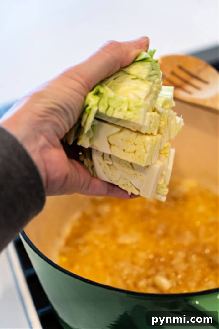 Hearty Braised Cabbage 8 Buttery stewed cabbage bubbling gently in a Dutch oven on the stovetop, almost ready to serve.
