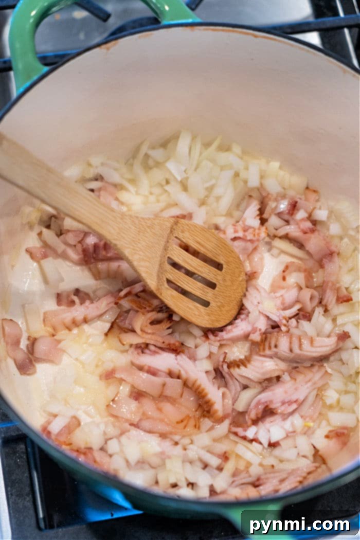 Crispy sautéed bacon pieces, essential for flavor