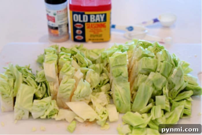 Close-up of freshly chopped green cabbage, ready for cooking