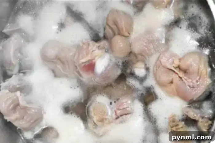 Chunks of raw chicken gizzards boiling in water, showing the foam and bubbles on the surface.