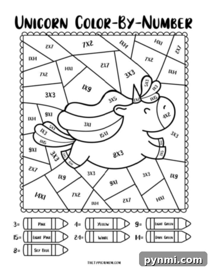 Detailed color by number unicorn worksheet with math problems