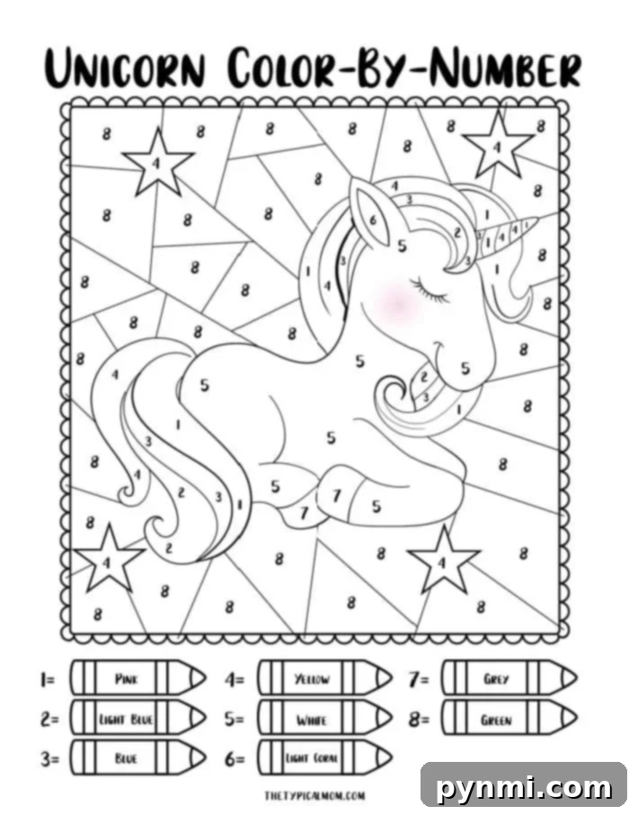 Children's finished free Unicorn Color by Number artwork displayed