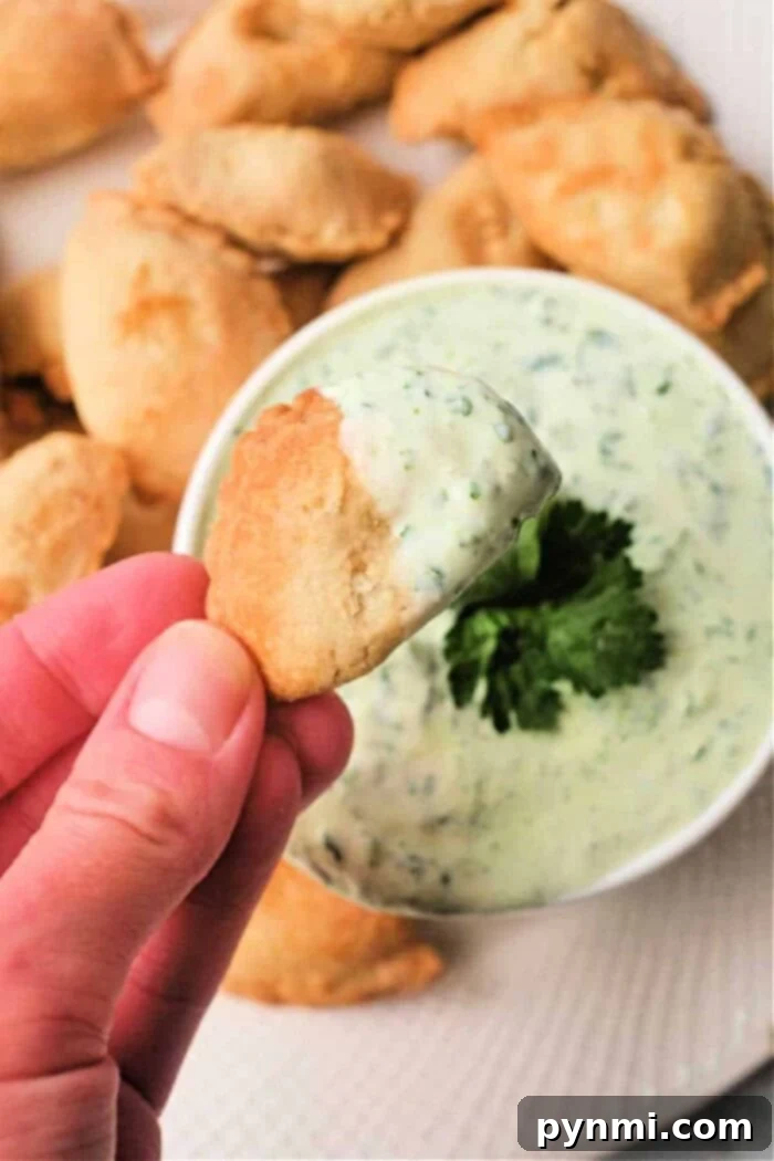 Zesty Empanada Dips 2 Creamy cilantro lime empanada dipping sauce in a white bowl with air fryer empanadas
