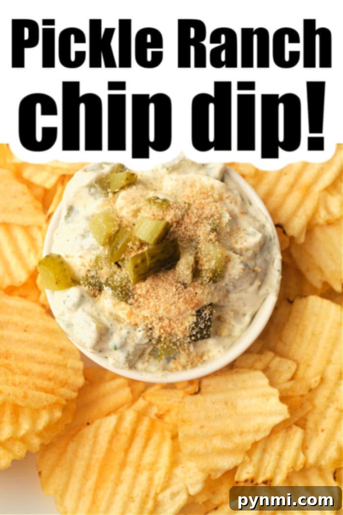 An overhead shot of a white bowl filled with creamy Fried Pickle and Ranch Dip, adorned with chopped pickles and fresh herbs, presented with a side of crispy ripple potato chips.