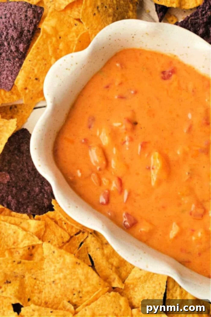 A steaming bowl of cheesy shrimp Rotel dip, brimming with melted cheese and tender shrimp, ready to be enjoyed with tortilla chips.