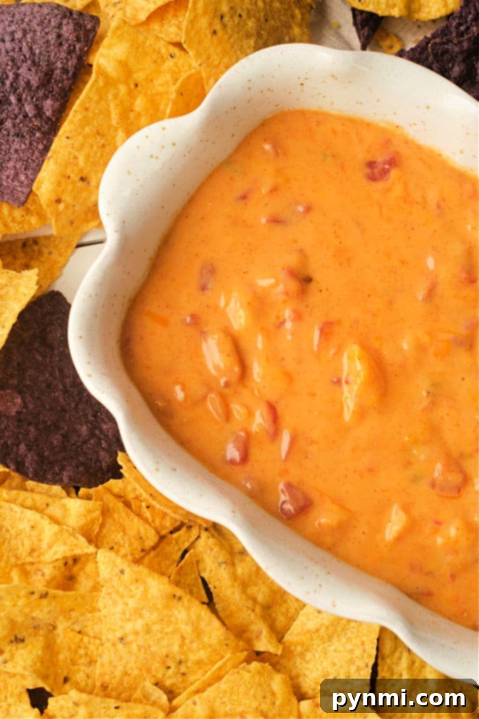 A close-up of a serving spoon scooping up the creamy, cheesy, and tender shrimp Rotel dip from a rustic bowl.