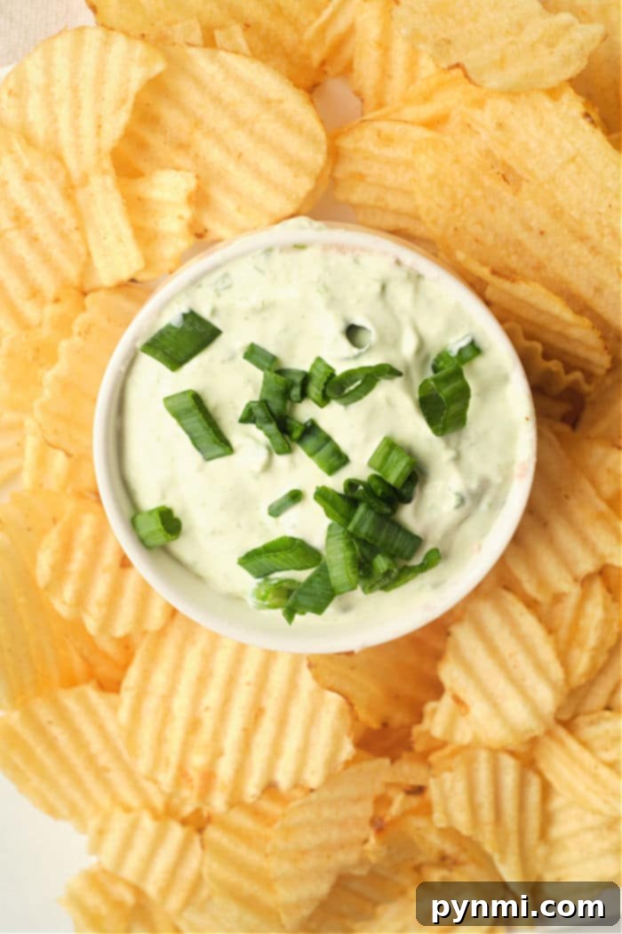 Lawson Inspired Homemade Chip Dip 2 A bowl of creamy, homemade Lawson's Chip Dip with fresh chives, surrounded by an assortment of potato chips.