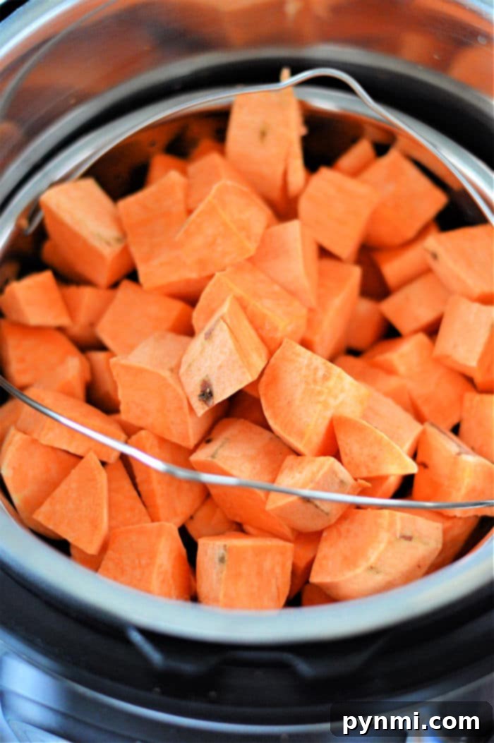 Speedy Instant Pot Sweet Potato Cubes 5 Cubes of sweet potatoes sit in a pressure cooker, ready for cooking. Perfectly prepared, these Instant Pot sweet potatoes promise a quick and delicious meal.
