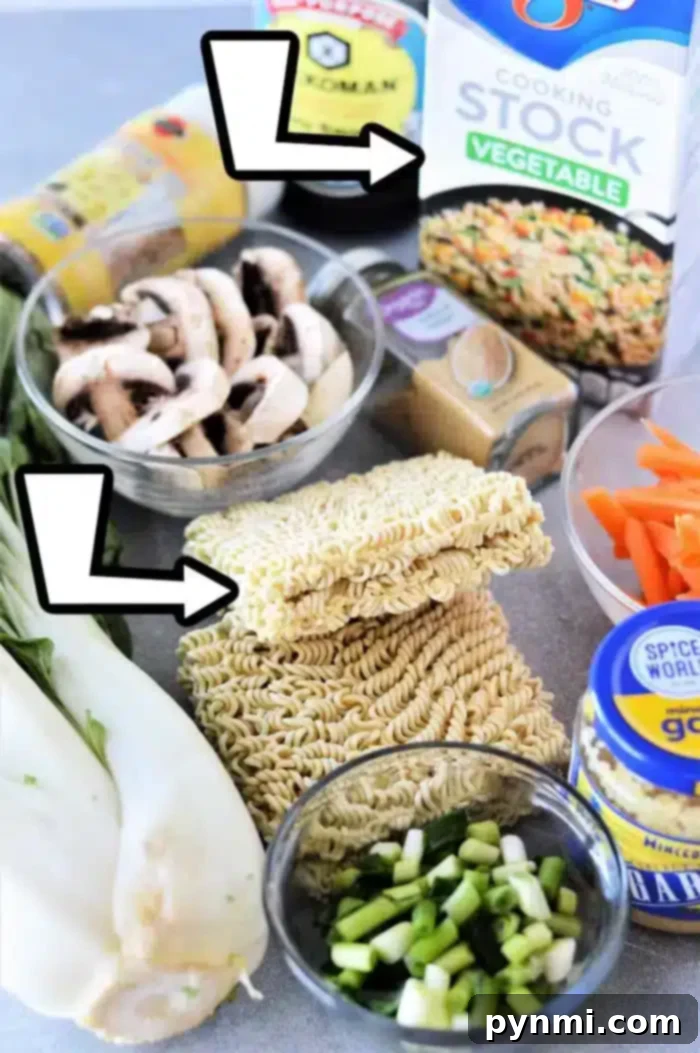Easy Instant Pot Ramen 4 Various cooking ingredients are arranged on a surface, ready to create an Instant Pot Vegetable Ramen delight. The spread includes mushrooms in a bowl, vegetable stock, dry ramen noodles, bok choy, green onions, carrots, soy sauce, ginger, and garlic. Two arrows point toward the mushrooms and noodles.