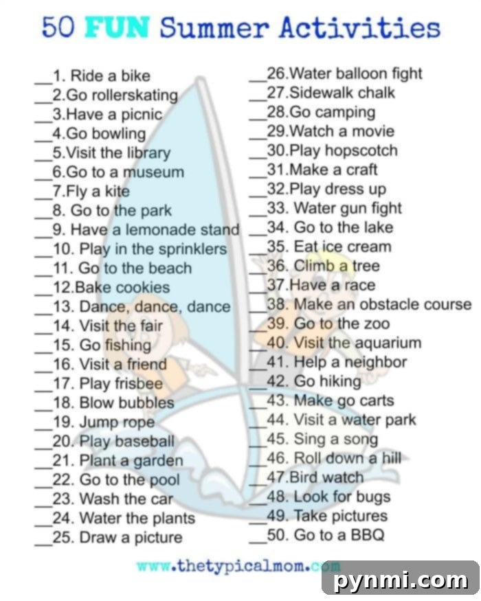 Summer to do list featuring indoor and outdoor activities