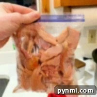 In a cozy kitchen setting, someone holds a ziplock bag filled with slices of cooked ham, perfect for crafting delicious crockpot recipes with leftover ham.