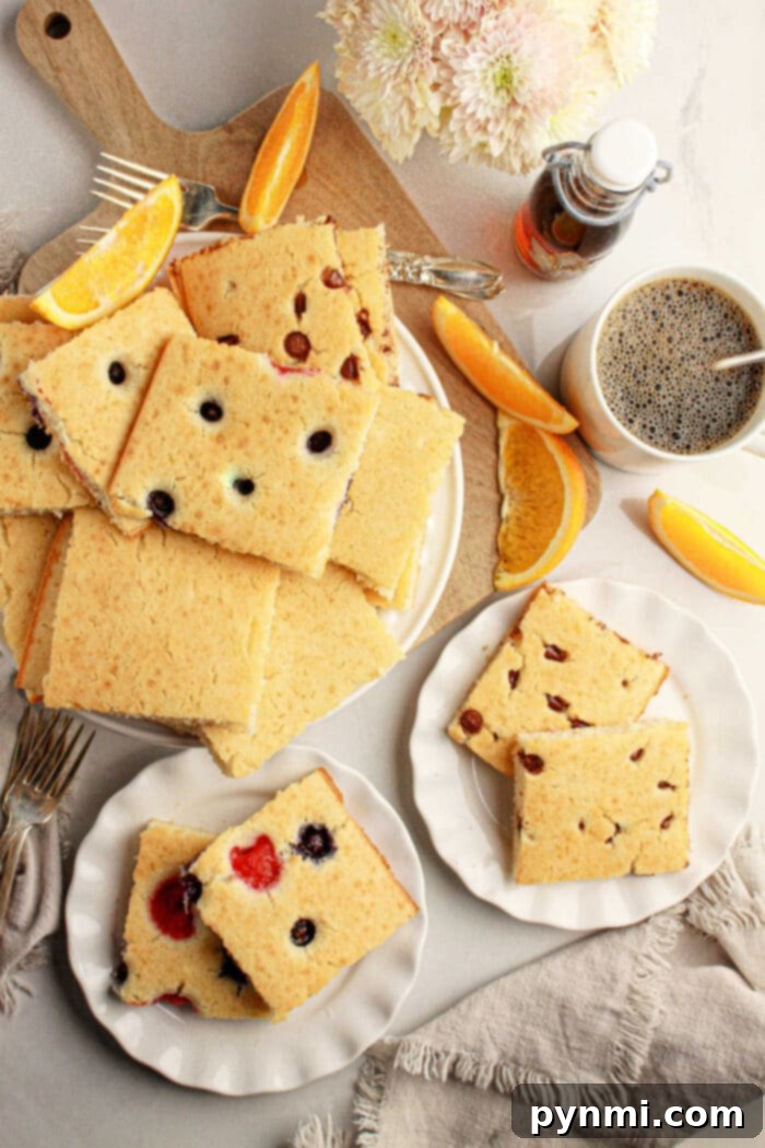 Plates of oven baked pancakes with pancake mix, topped with fruit, orange slices, coffee, and syrup on a table with flowers.