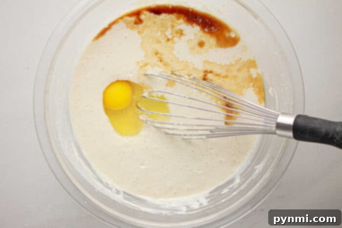 A whisk is in a bowl with batter, an egg, vanilla, and other ingredients being mixed together for oven baked pancakes with pancake mix.