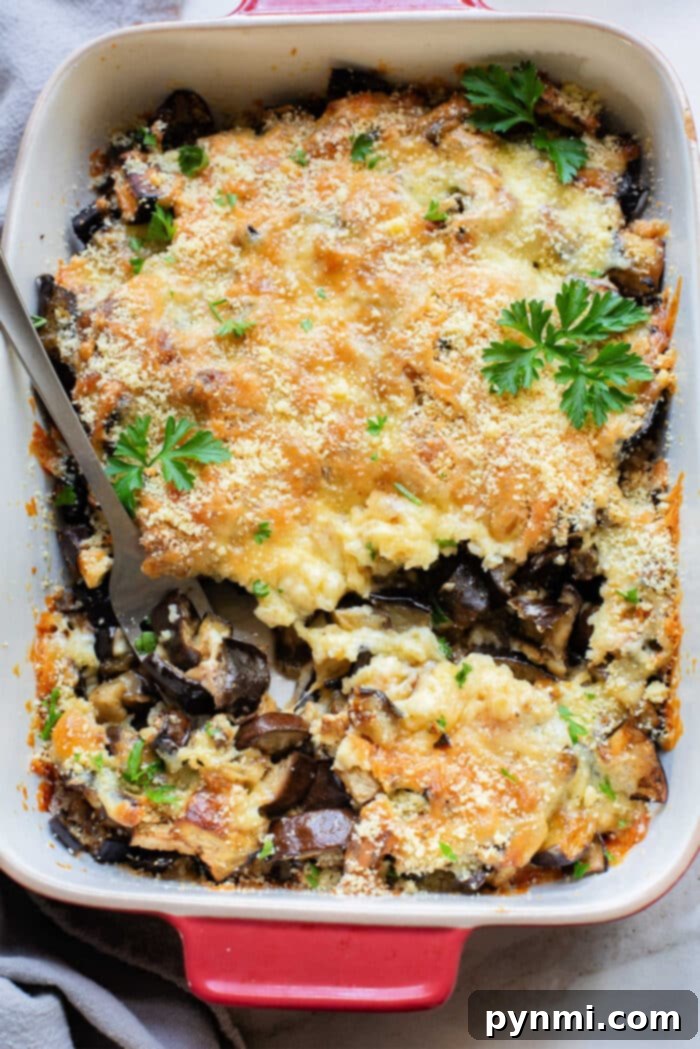 Eggplant Casserole baked to perfection, topped with melted cheese, golden breadcrumbs, and fresh parsley, served in a vibrant red baking dish.