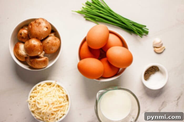 Pressure Cooker Quiche Perfection 3 Ingredients for Instant Pot Quiche: eggs, mushrooms, cheese, milk, chives, garlic, salt, and pepper.