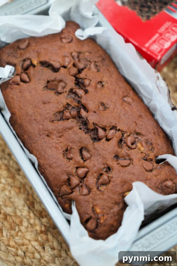 Chocolate banana bread in a parchment-lined loaf pan, fresh out of the oven.