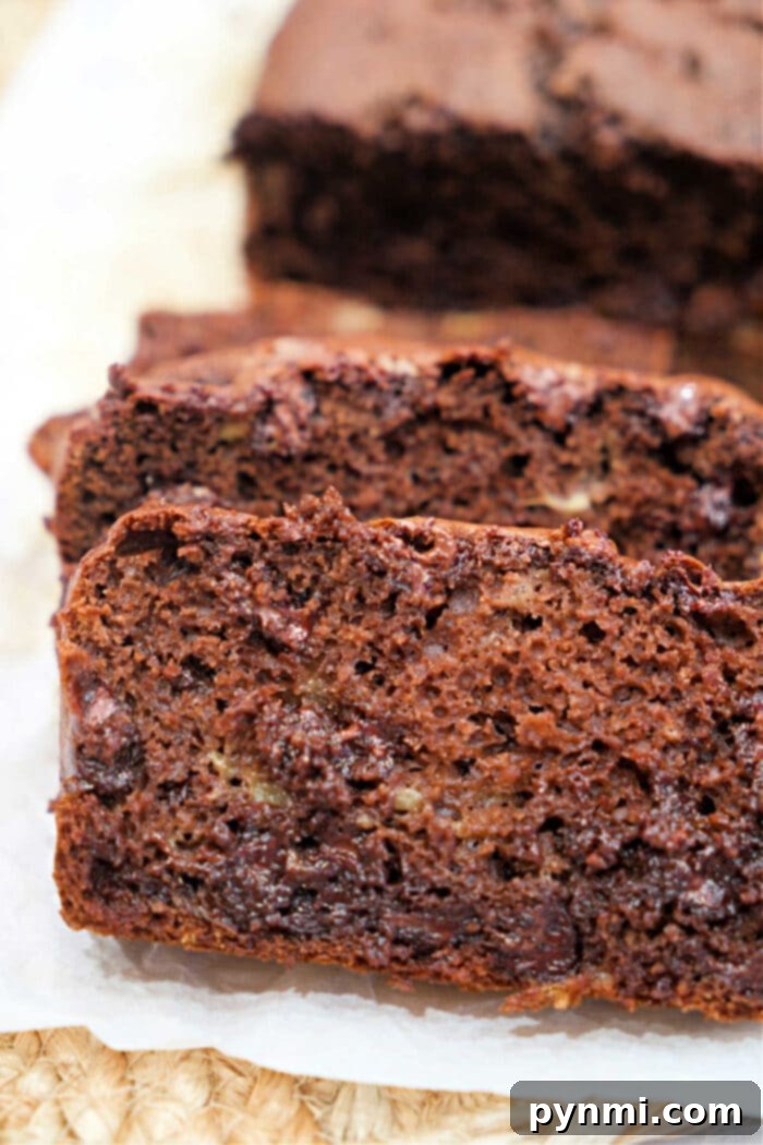 Slices of moist chocolate banana bread made with cake mix.