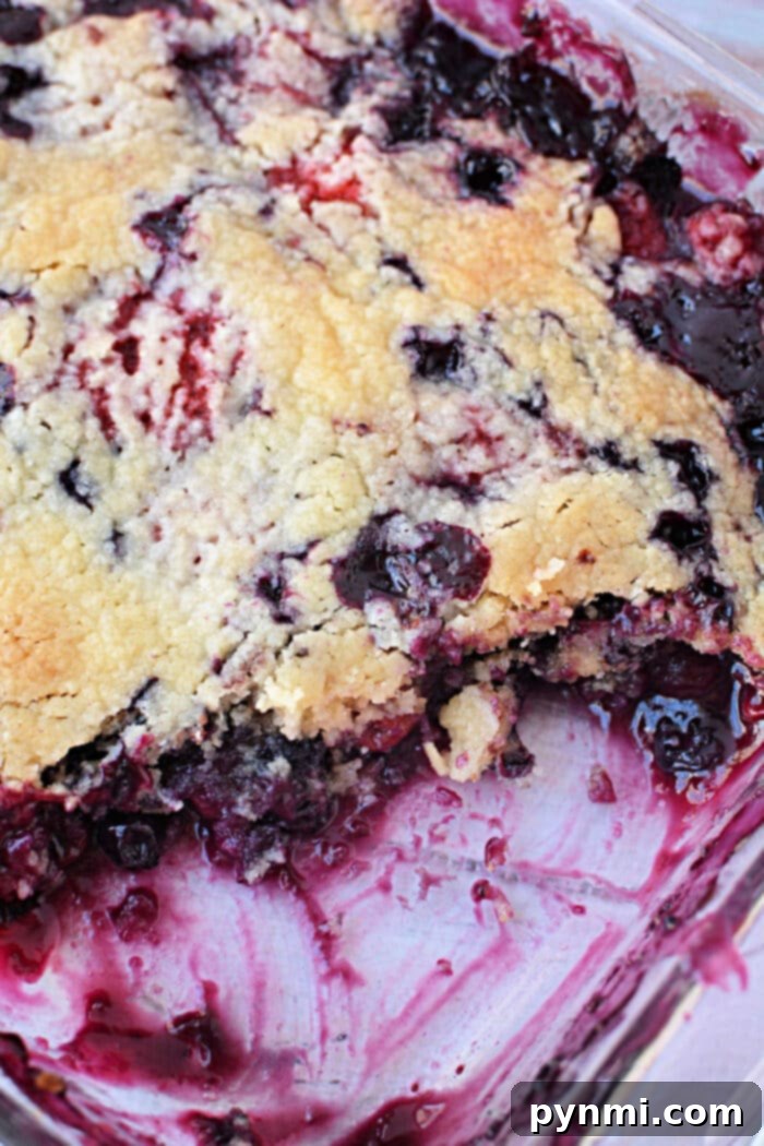 Cake Mix Berry Cobbler 6 A close-up view of a partially enjoyed Triple Berry Cobbler with Cake Mix, still in its glass baking dish, revealing the rich, bubbly berry layer beneath a golden-brown, cake-like topping, perfect for scooping.