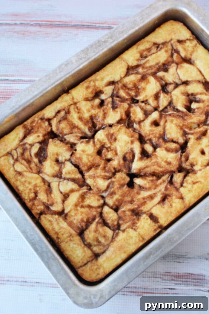 Semi-Homemade Cinnamon Roll Cake 5 A freshly baked Cinnamon Roll Cake, showcasing its beautiful, intricate cinnamon swirl pattern, rests in a rectangular metal baking pan on a light wooden surface, highlighting the ease of using a cake mix for such a delightful dessert.