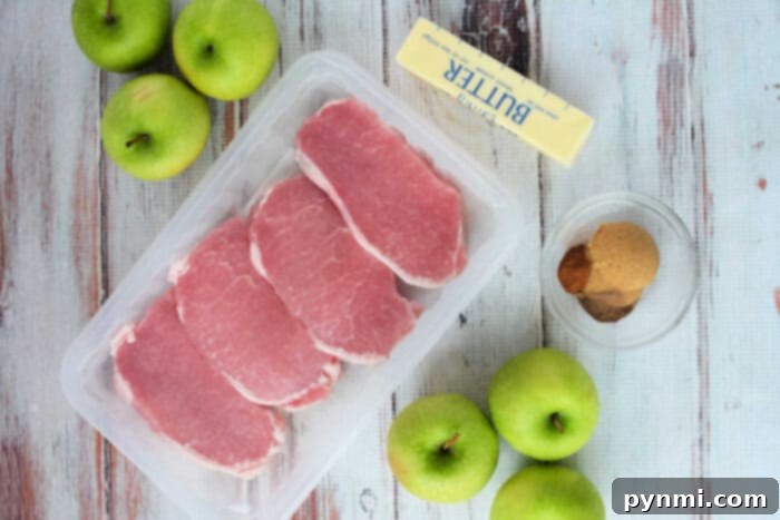 Apple-Glazed Baked Pork Chops 3 Fresh, raw ingredients for baked pork chops with apples: boneless pork chops in a plastic tray, vibrant green Granny Smith apples, a stick of butter, and a bowl of brown sugar with cinnamon and nutmeg on a rustic wooden table.