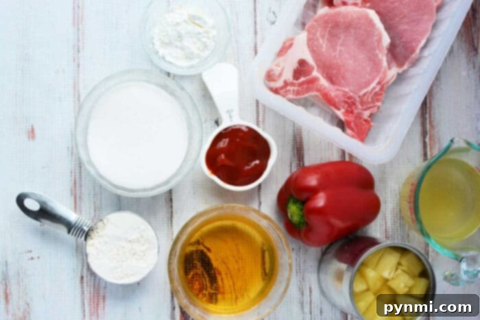 Tropical Pork Chops 3 Raw pork chops, red bell pepper, flour, sugar, ketchup, pineapple, broth, and cornstarch sit on a white surface—ideal ingredients for delicious Pork Chop Recipes.