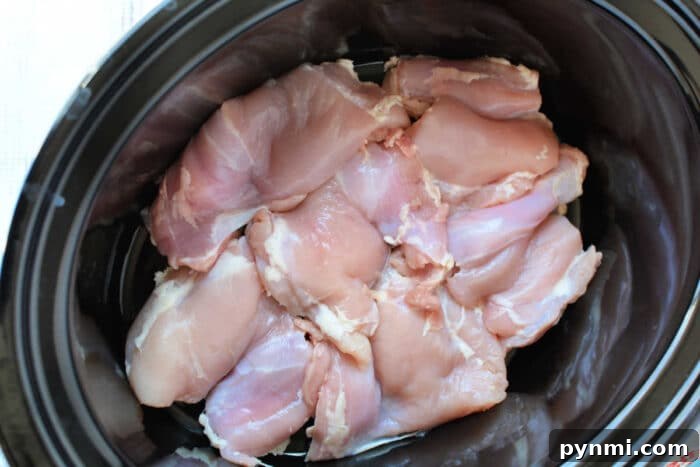 Slow-Cooker Chicken Pot Pie Casserole Recipe 4 Raw chicken breasts arranged inside a black Crockpot, ready to be cooked into a comforting Crockpot Chicken Pot Pie.