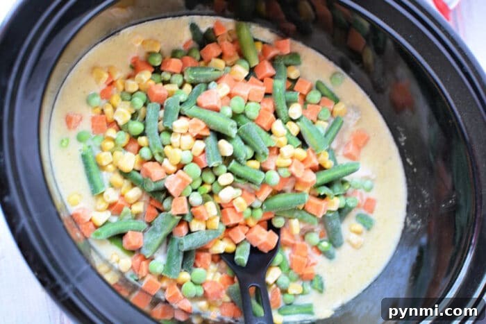 Slow-Cooker Chicken Pot Pie Casserole Recipe 5 Crockpot Chicken Pot Pie filling with creamy sauce, mixed vegetables, and a black serving spoon.