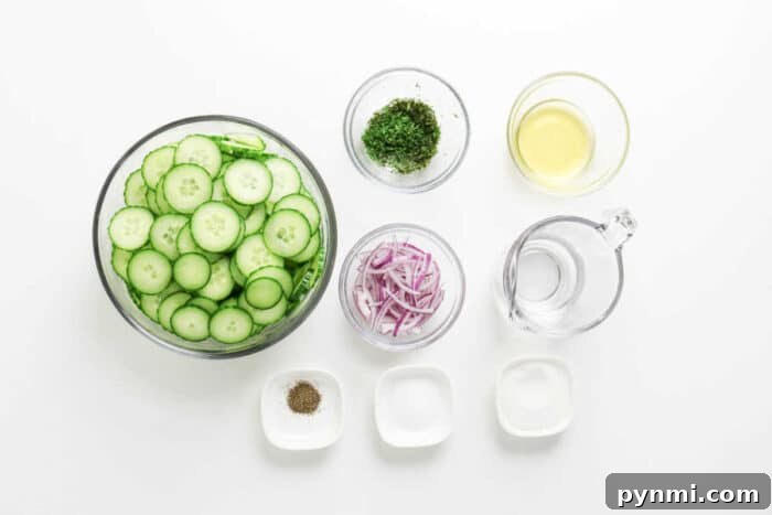 Crisp Cucumber Dill Salad with Creamy Yogurt Dressing 3 Sliced cucumber, red onion, fresh dill, vinegar, water, salt, pepper, and sugar in bowls on a white background—perfect ingredients for a refreshing cucumber salad.