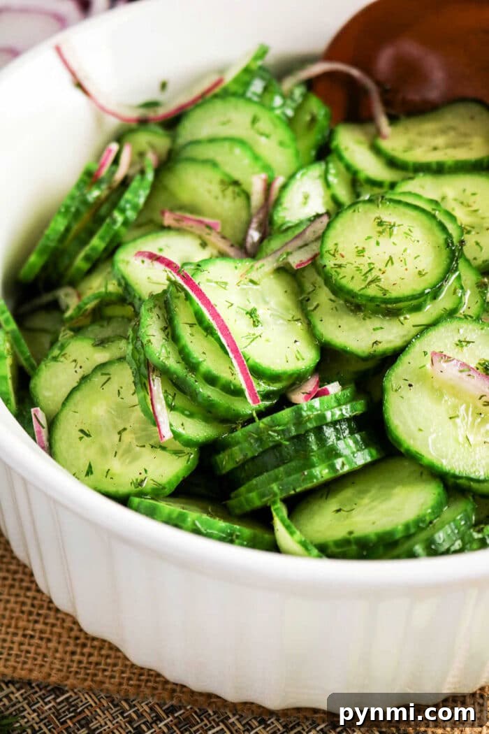 Crisp Cucumber Dill Salad with Creamy Yogurt Dressing 6 Fresh cucumber salad with red onion and dill served in a white bowl.