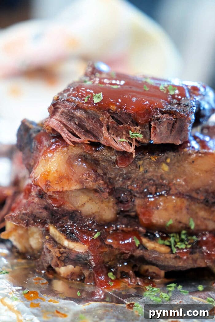 Flavorful Grilled Flanken Short Ribs Recipe for Tender Results 6 Close-up of saucy, tender Flanken Short Ribs stacked on foil, garnished with chopped herbs—an irresistible Short Ribs Recipe.