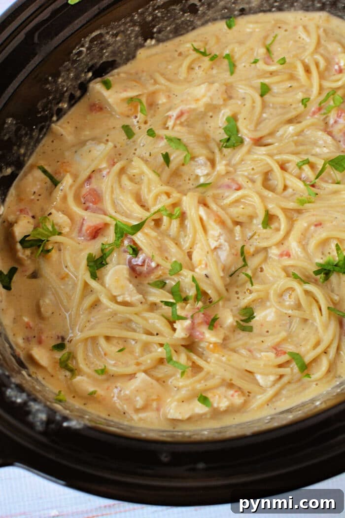 Creamy Slow-Cooker Chicken Spaghetti 5 Creamy spaghetti with tomatoes and herbs cooked in a Crockpot, garnished with chopped parsley—a comforting take on classic Chicken Spaghetti made easy.