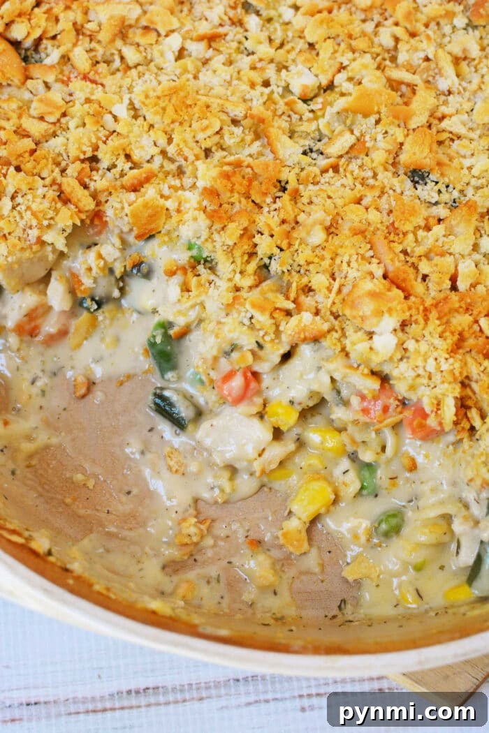 Cheesy Ritz Chicken Casserole with Crispy Cracker Topping 6 Creamy vegetable casserole with a golden Ritz cracker crumb topping, partially served to reveal the rich filling—similar in comfort to a classic Ritz Chicken Casserole.
